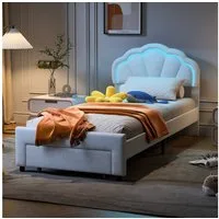 PXloue Polsterbett Kinderbett Jugendbett (Kopfteil hochstellbar), Einzelbett,Cloud-Kopfteil,mit LED-Beleuchtung und Lattenrost,90x200cm