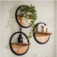 alesvelt Wandregal Set CIRCULO 3-teiliges Rundregal aus massiver Akazie mit Metallrahmen, 35x17x35cm, Akazienholz