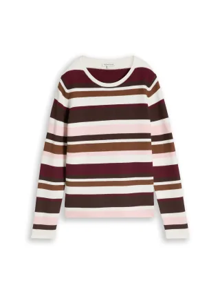 Tom Tailor - Strickpullover aus Baumwolle camel brown red stripe - Gr. - S