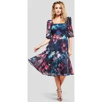 Goddiva Midikleid Puff Sleeve Shirred Back Midi Dress Puffärmel, floraler Print, gesmokter Rücken, Jerseyfutter, A-Linie