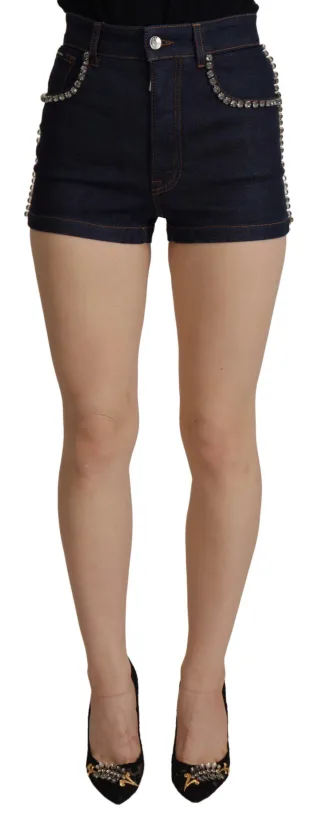 Dolce & Gabbana Blaue Denim Stretch Crystal Hot Pants Damen Shorts