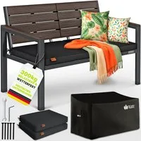 tillvex Gartenbank tillvex® Gartenbank mit Abdeckung & Kissen in Holzoptik bis 300kg (Garten Terrasse Balkon mit waschbarem Bezug, Parkbank in Holzoptik belastbar UV-beständig Sitzbank), Wetterfest 2-3 Sitzer mit Abdeckung & Kissen bis 300 kg