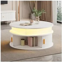 Merax Couchtisch hochglanz Sofatisch höhenverstellbar Beistelltisch mit LED-Beleuchtung (Versteckter Stauraum & Höhenverstellbare Tischplatte, 1-St), Runder Wohnzimmertisch mit 2 Rollladentüren & Stauraum, 75x75x52cm