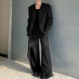INCERUN Mens Solid Color Long Sleeve Two-Piece Outfit Collarless Blazer & Suit Pants Men's Fashion Set