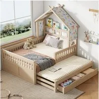 Flieks Kinderbett, Massivholz Hausbett 140x200cm mit Ausziehbett 90x190cm & 3 Schubladen
