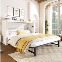 Odikalo Schrankbett Polsterbett Einzelbett 140x200 mit Schublade und USB (Mit einer Schublade,Mobiles Schrankbett mit Ablagefach am Bett, mit USB- und Typ-C-Anschlüssen, Umbaubares Plattformbett, Ohne Matratze,Leinen, Beige) /gray