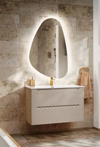 Badmöbel Set 2-tlg Badezimmerset LAXY Eiche Beige Schrank 80cm inkl. Waschtisch