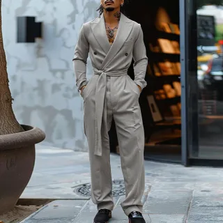 INCERUN Mens Double-Breasted Long Sleeve Jumpsuit Fashion Solid Color Waist Lace Up Suit Jumpsuit Long Top Pant