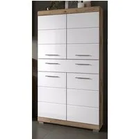 Inn.Furn Midischrank Willow (Badschrank in weiß Hochglanz und Eiche Dekor, 4-türig, 74 x 141 cm) mit großer Schublade und viel Stauraum