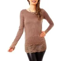 Muse Rundhalsshirt Langarm Longshirt mit Spitzensaum 0998