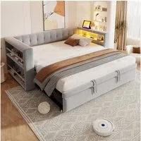 Flieks Daybett, Polsterbett Schlafsofa 90/180×190cm mit LED, Steckdose und Ausziehbett