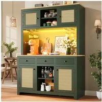Odikalo Küchenbuffet Küchenschrank Buffetschrank Hochschrank mit LED & PE Rattan (PE Rattan Schrank mit Kippsicherung, Großer Standschrank mit verstellbaren Böden & Schubladen, Vintage Stauraumschrank für Küche, Wohnzimmer, Esszimmer)