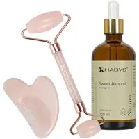 Habys Massageliege Gesichts-Massage-Set Rosenquarz Gua Sha + Roller + Mandelöl 100 ml