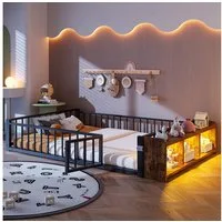 Flieks Kinderbett, Bodenbett Metallbett 140x200cm mit Schutzgeländer und LED-Staufach
