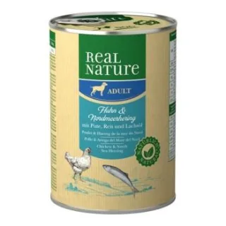 REAL NATURE Nassfutter Hund, Adult, Huhn und Nordmeerhering 12x400 g
