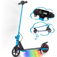 Vankel E-Scooter Kinder ab 6 Jahre, klappbar, 10km, Bunte Leuchten, Jungen und Mädchen, 150 W, 14 km/h, (für Jungen und Mädchen, max. 50kg, faltbar, Aluminiumrahmen), Elektro-Kinderroller, Lenksäulenlicht, mit Haken, EBS + Fußbremse