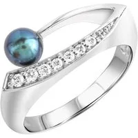 Zeeme Fingerring Silber 925 rhodiniert mit schwarzer Perle & Zirkonia weiß