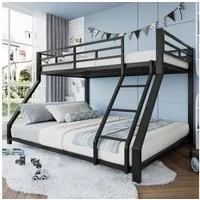 Flieks Etagenbett, Metallbett 90x200cm+140x200cm mit Schrägleiter und Geländer