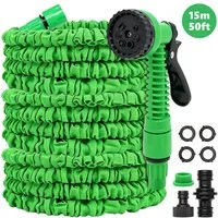 SunJas Gartenschlauch flexibel 15M Dehnbarer Wasserschlauch mit 7 Funktionen Sprühkopf, 1/2" & 3/4" Anschlüsse, Flexibler Schlauch für Garten Bewässerung & Autowäsche