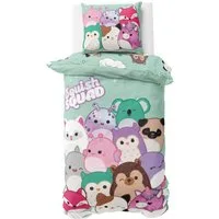 MTOnlinehandel Bettwäsche Squishmallows 135x200 + 80x80 cm, 100% Baumwolle, 2 teilig, Squish Squad, Cam, Fifi, Lola, Winston und Hans, Regenbogen, Wolke