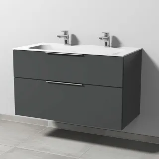 Sanipa 3way Keramik-Set Finion Keramik-Doppelwaschtisch und Unterbau mit 2 Auszügen, Anthrazit-Matt UM40322