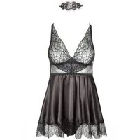 Beauty Night Fashion Negligé Mini-Babydoll Eve schwarz aus Satin Neglige mit String (3-tlg)