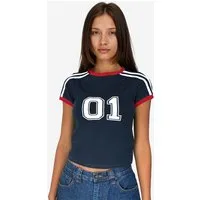 Imily Bela Print-Shirt Damen Sommer Cropped Kurzarm Y2k Kontraststreifen (Packung, 1-tlg., 1per-Pack) mit Rundhalsausschnitt Druck
