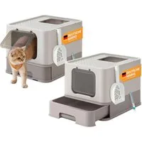 FEANDREA Katzentoilette mit Deckel, mit Tablett, Schaufel und Bürste, Auslaufsicherer Boden, für Katzen bis 15 kg, 1er/2er Set