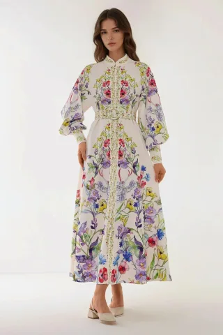 Bedrucktes Maxikleid mit langem Arm und Gürtel
