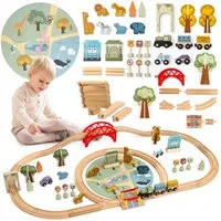 Mamabrum Spielzeug-Eisenbahn Holz-Zoo-Eisenbahnset – Puzzle-Matte, Tiere, Brücke & Schranke