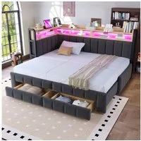 Flieks Daybett, LED Polsterbett Schlafsofa 90/180x200cm mit Aufladen, 2 Schubladen