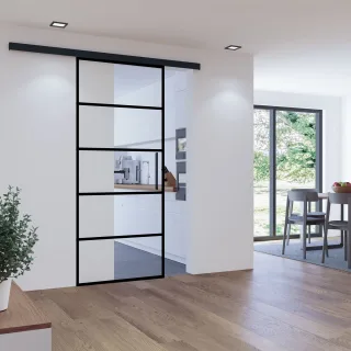 Glasschiebetür klar schwarze Streifen 880x2035mm Stabgriff