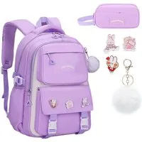 MOPUEA Schulrucksack Teenager-Schulranzen-Set, mit Stifteetui und Badge-Label (Wasserdicht Schulranzen,Unisex Geeignet für Mittelstufe-Universität, 2-tlg., für zum Schulbesuch,Einkaufen,Camping usw), Mit ergonomischem Design zur Entlastung von Schult