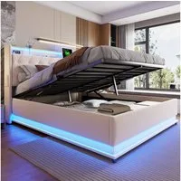 Merax Polsterbett mit LED-Beleuchtung & USB-Ladeanschluss (1-tlg., Hydraulisches Stauraumbett Mehrzweckbett Jugendbett), Doppelbett 160x200cm mit hydraulischem Stauraum & Regal, Leinenstoff