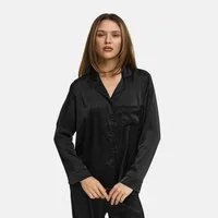 cfab Pyjamaoberteil Satin Pyjama Hemd-Schwarz-S (1-tlg)