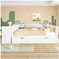 BlingBin Holzbett Kinderbett Multifunktionales Bett (1-tlg., mit Schreibtisch, Verstecktes Ausziehbett und 3 Bücherregal), weiß,Kiefernholz+Spanplatte, 140x200cm, für Kinder und Jugendliche