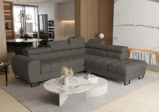 Ecksofa Schlafsofa BASTIEN MAX in Stoff Aragon Dunkelgrau Ottomane Rechts