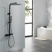 HOMELODY Duschsystem 30x30cm eckig Regenduschset mit Kopfbrause, 2 Strahlart(en), Wandmontage mit Thermostat Regendusche Chrom/Schwarz Quadratisch