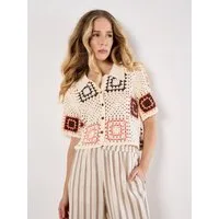 Apricot Shirtbluse Gehäkeltes Blusentop mit quadratischem Häkelmuster