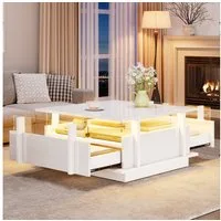 Merax Couchtisch hochglanz Sofatisch Beistelltisch mit LED-Beleuchtung (70×70×35cm, 1-St), Wohnzimmertisch mit 2 Schubladen & Transparente Acryl-Trennwand