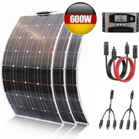 Rhein Beleuchtung Solarmodul 600W Solarpanel Flexibel 12V – Solar Panel Camping Set für Wohnmobil, 600 W, Monokristallin, (Set, 6-St., 3×200W Module mit Regler, Y-Verteiler & Kabel – plug & play Lösung), Leicht, biegsam & wetterfest – ideal für Dach,