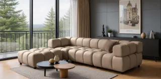 Sofa Designersofa FLOW 3-Sitzer inkl. 1 x Polsterhocker Stoff Bluvel Latte