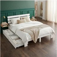 Homestyle4u Holzbett 90x200 140x200 160x200 180x200 mit / ohne Matratze Bettkasten (Set, mit Lattenrost und 2 Bettkästen, Stauraumbett), 160x200, Kiefer, mit Stauraum, Weiß, schlicht