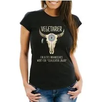 MoonWorks Print-Shirt Damen T-Shirt Spruch lustig Vegetarier ein altes indianisches Sprichwort für schlechter Jäger Motiv Büffelschädel Frauen Fun-Shirt Moonworks® mit Print