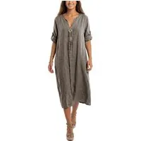 dy_mode Hemdblusenkleid Damen Leinenkleid Midi Hemdblusenkleid mit V-Ausschnitt Freizeitkleid in Unifarbe, V-Ausschnitt, mit seitlichen Eingriffstaschen