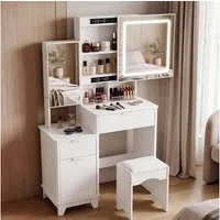 oyajia Schminktisch Kosmetiktisch mit Spiegel und Hocker, 2 Schubladen, 80 x 36x 135cm (Kinder Schminktisch mit LED-Beleuchtung und Schiebespiegel), 3 Lichtfarben,1 Seitenschrank, viel Stauraum, pflegeleicht