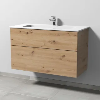 Sanipa 3way Keramik-Set Design Keramik-Waschtisch und Unterbau mit 2 Auszügen, Eiche Natural-Touch SM48185