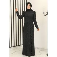 fashionshowcase Abendkleid Damen Glitzer Maxikleid mit Volant Abiye Abaya Hijab Mode Modest Fashion