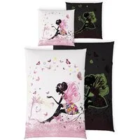 Carpe Sonno Kinderbettwäsche 135 x 200 Mädchen Leuchtende Bettwäsche Kinder Rosa Fee Schmetterlinge, Renforcé, 2 teilig, GLOW IN THE DARK Bettbezug 135x200 - OEKO-TEX, 100% Baumwolle