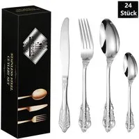 PFCTART Besteck-Set 24-teiliges Edelstahl Besteck Set in Silber für 6 Personen (24-tlg), 6 Personen, Bestehend aus Messer, Gabel, Löffel Teelöffel – Geschirrset, Geprägte Griffe im Palaststil · Rostfrei & spülmaschinenfest